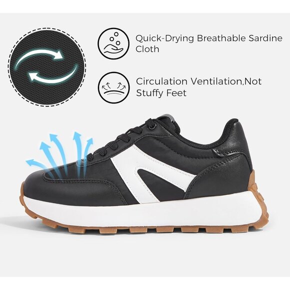 Lucky Step Women Black Retro Classic Trainers Casual Lace up Stylish Sneakers - Picture 2 of 9